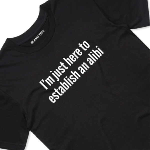 111112 IM JUST HERE TO ESTABLISH AN ALIBI T SHIRT FRONT BLACK TAGS scaled